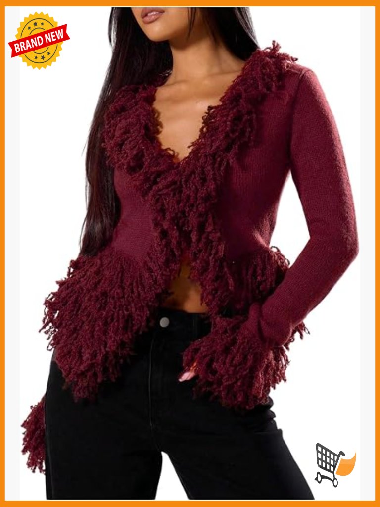 Fuzzy Trim V-Neck Cardigan Sweater Long Sleeve Knit Punk Outerwear